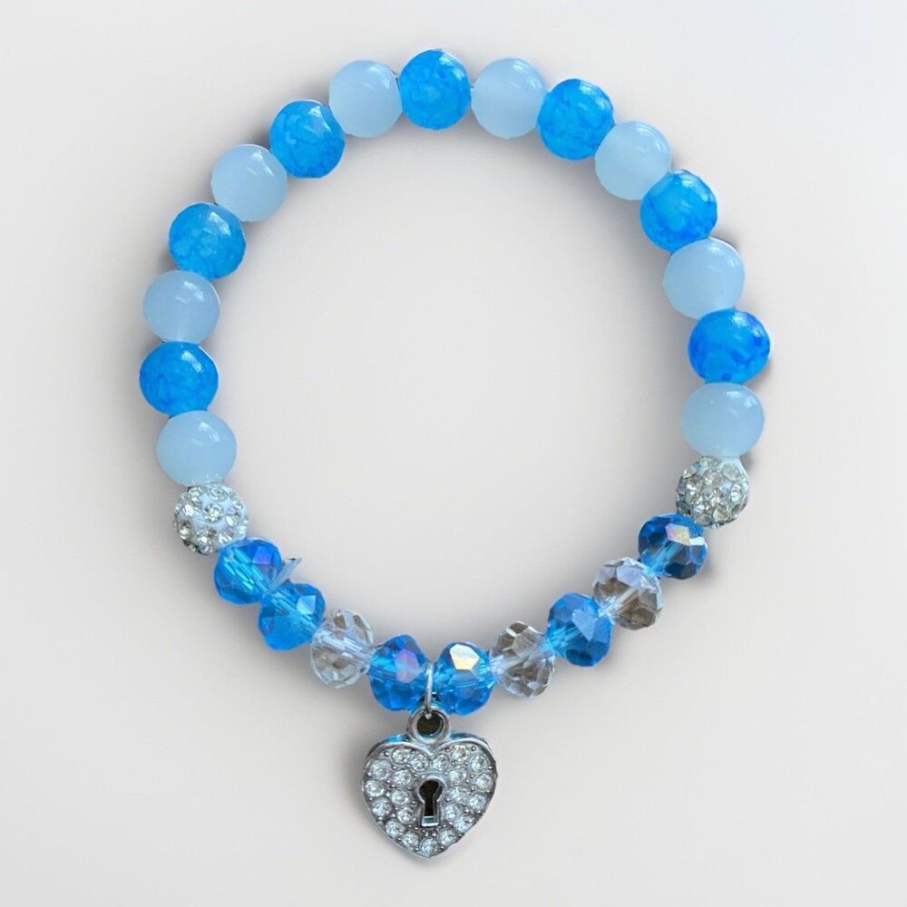 Heart Lock and Keyhole Charm Beaded Bracelet - Blue, White, and Crystal Beads